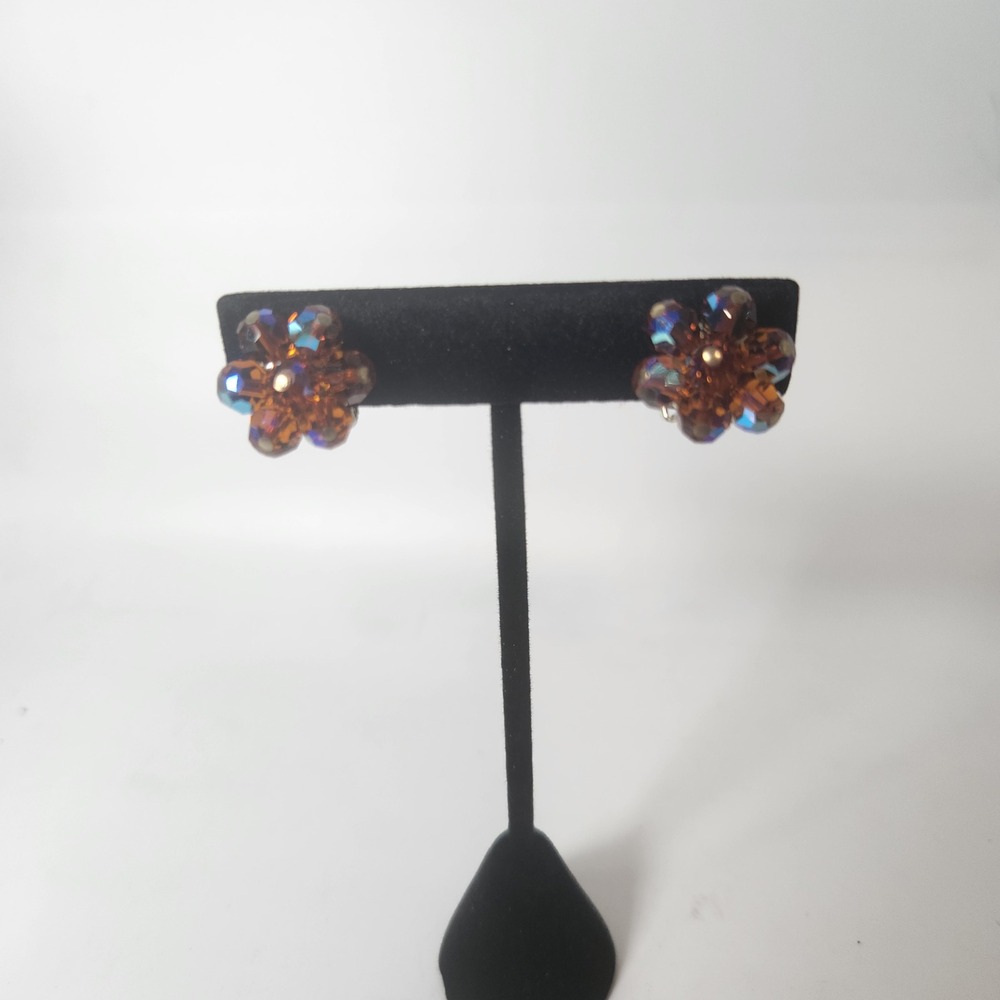 Vintage Amber AB Glass Bead Flower Cluster Clip On Earrings Gold Tone Retro
